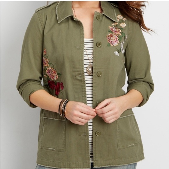 Maurices Floral Embroidered Olive Green Twill Jacket NEW - Picture 2 of 5